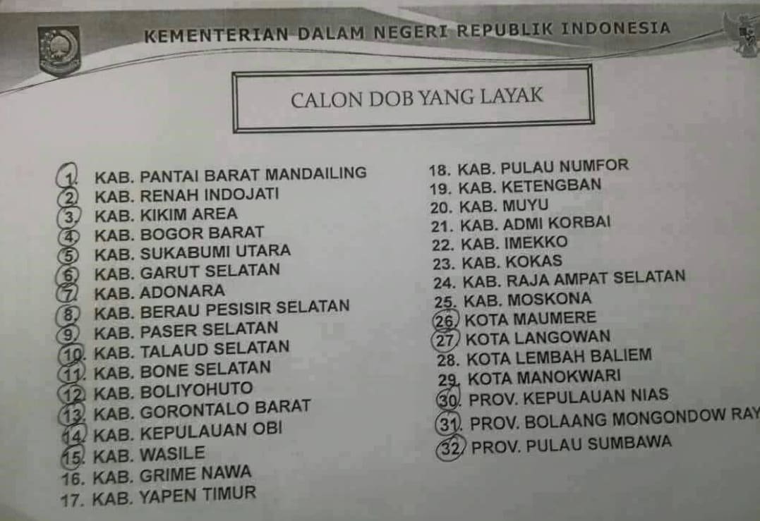 Daftar lengkap 32 Calon Daerah Otonom Baru (DOB) yang dinilai layak
