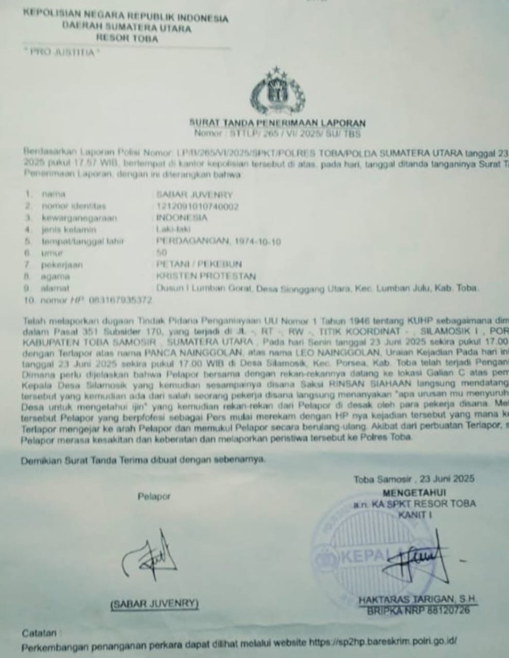 Foto Dokumen Surat Tanda Penerimaan Laporan yang dilakukan oleh pelapor Sabar Juvenry ke Polres Toba, Senin (23/06/2025).