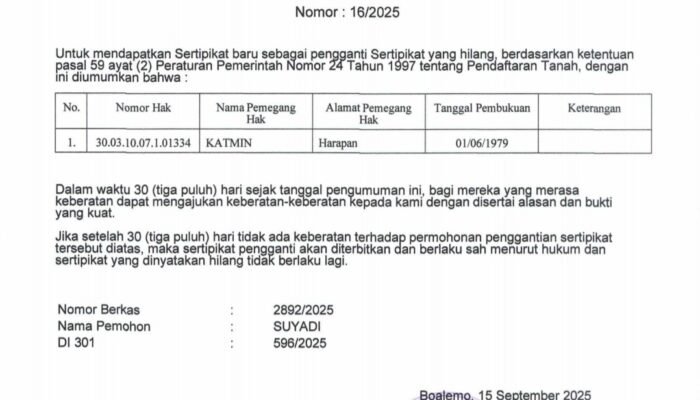Pengumuman Kehilangan Sertipikat Tanah di Kabupaten Boalemo