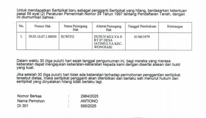 Pengumuman Kehilangan Sertipikat Tanah di Kabupaten Boalemo