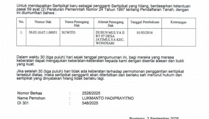 Pengumuman Kehilangan Sertipikat Tanah di Kabupaten Boalemo