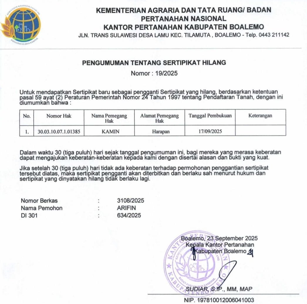 Pengumuman Kehilangan Sertipikat Tanah di Kabupaten Boalemo