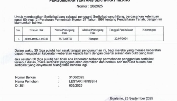 Pengumuman Kehilangan Sertipikat Tanah di Kabupaten Boalemo
