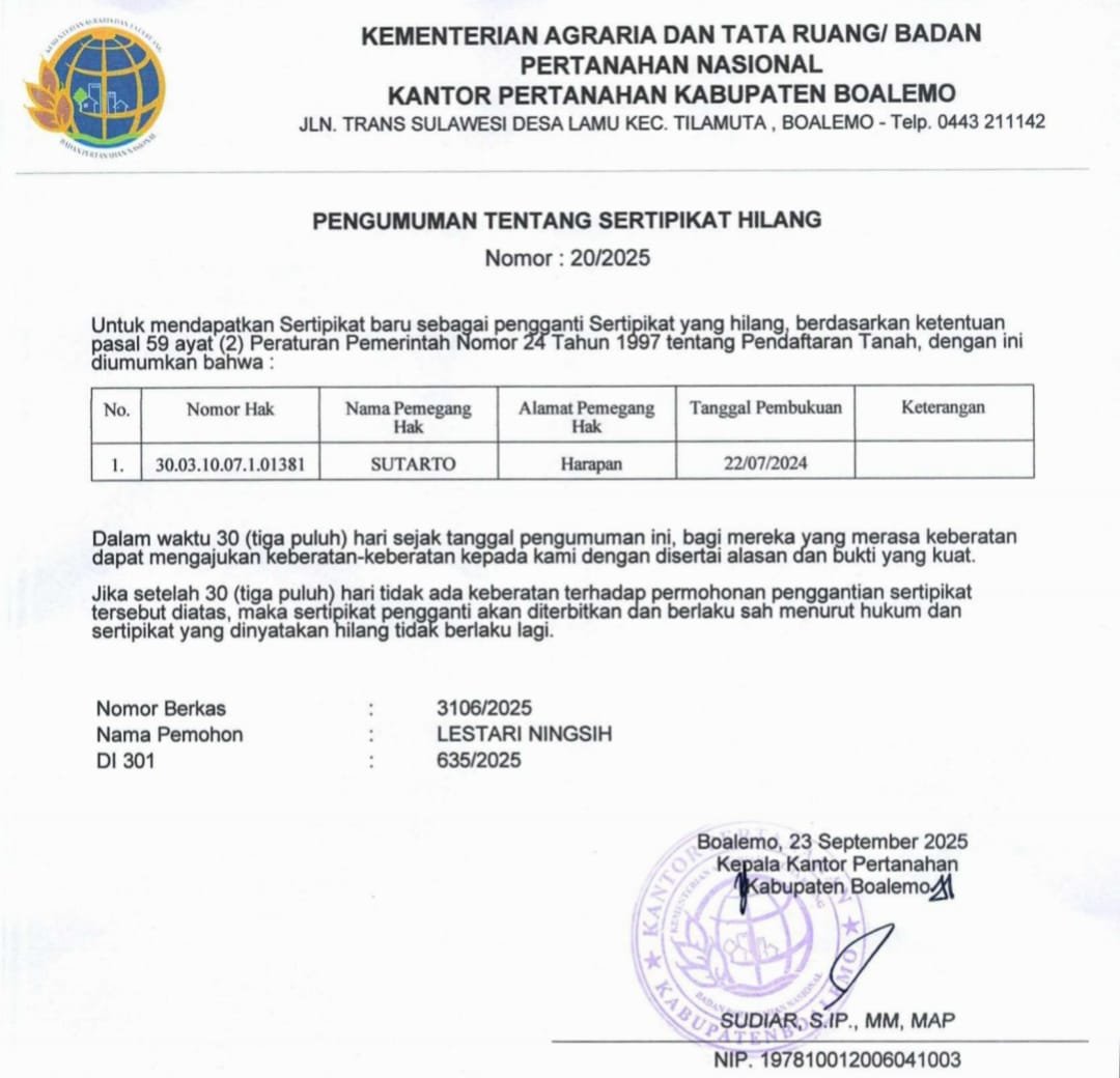 Pengumuman Kehilangan Sertipikat Tanah di Kabupaten Boalemo