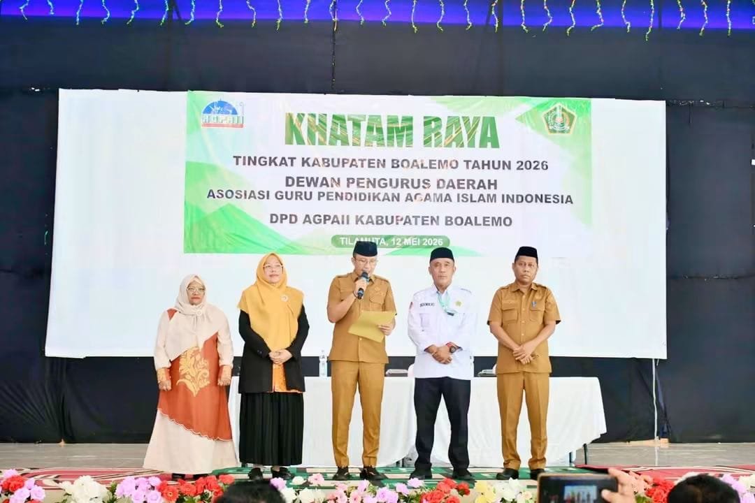 Khatam Raya se-Kabupaten Boalemo yang digelar Dewan Pengurus Daerah (DPD) Asosiasi Guru Pendidikan Agama Islam Indonesia (AGPAII) Kabupaten Boalemo di Gedung Afifa Gafar, Selasa 12 Mei 2026.