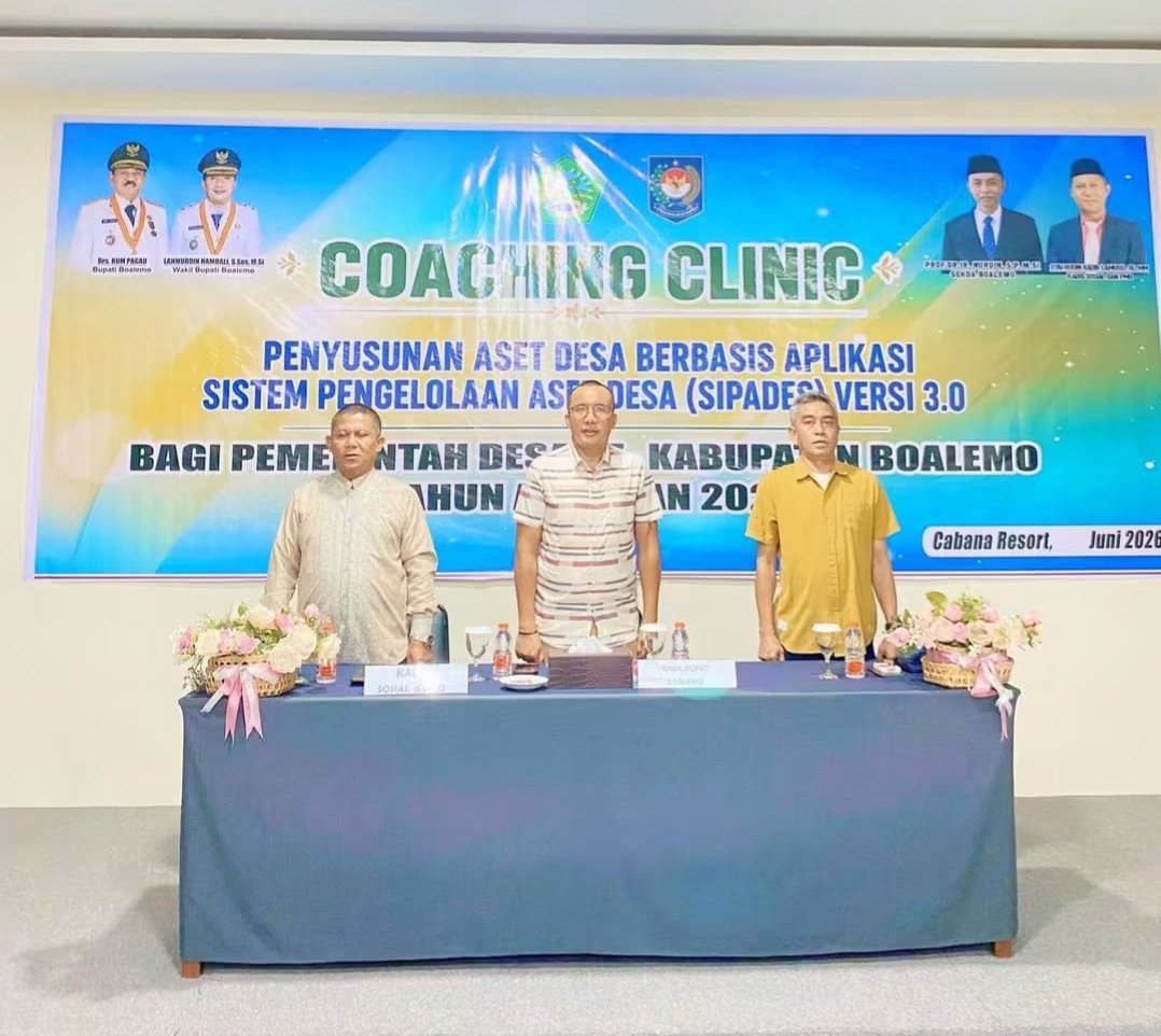 Wakil Bupati Boalemo, Lahmuddin Hambali, secara resmi membuka kegiatan Coaching Clinic Penyusunan dan Pengelolaan Aset Desa Berbasis Aplikasi Sistem Informasi Pengelolaan Aset Desa (SIPADES) Versi 3.0 di Cabana Resort And Resto, Sabtu 13 Juni 2026.