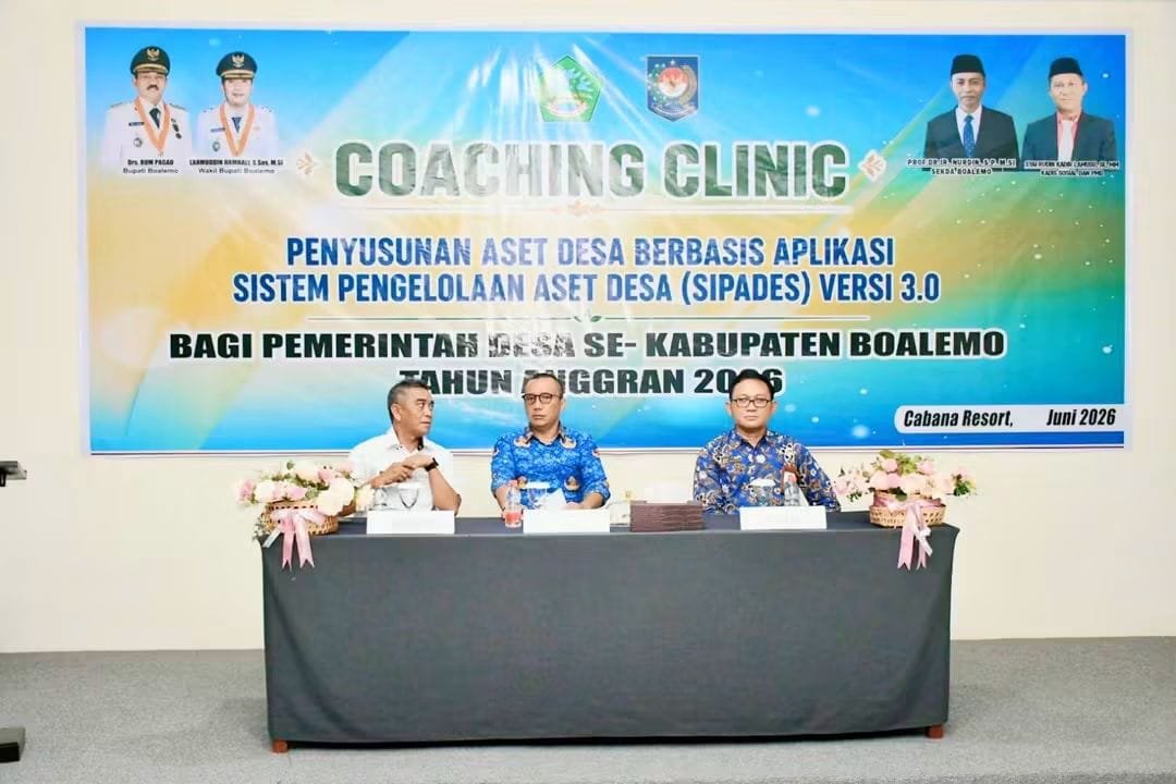 Agenda Coaching Clinic Penyusunan dan Pengelolaan Aset Desa Berbasis Aplikasi Sistem Informasi Pengelolaan Aset Desa (SIPADES) Versi 3.0 yang secara resmi dibuka oleh Wakil Bupati Boalemo, Lahmuddin Hambali, di Cabana Resto Botumoito pada Rabu 17 Juni 2026.