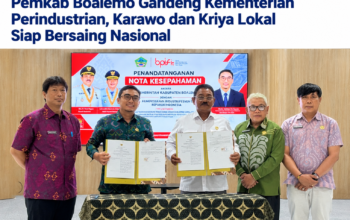 Penandatanganan Nota Kesepahaman (Memorandum of Understanding/MoU) antara Pemkab Boalemo dan Balai Pemberdayaan Industri Fesyen dan Kriya (BPIFK), Kementerian Perindustrian Republik Indonesia, Selasa, 20 Oktober 2026, di Bali.